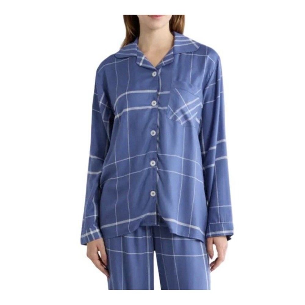 Papinelle Comfy Plaid Navy Biscuit Long Sleeve Button Up Pajama Top Size Medium